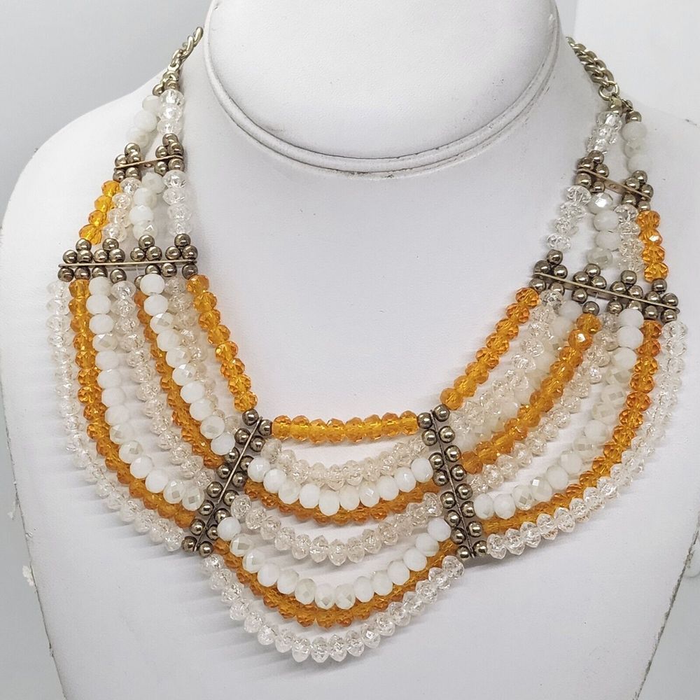 Charming Charlie Orange White Clear Beaded Multi Strand Bib Statement Necklace